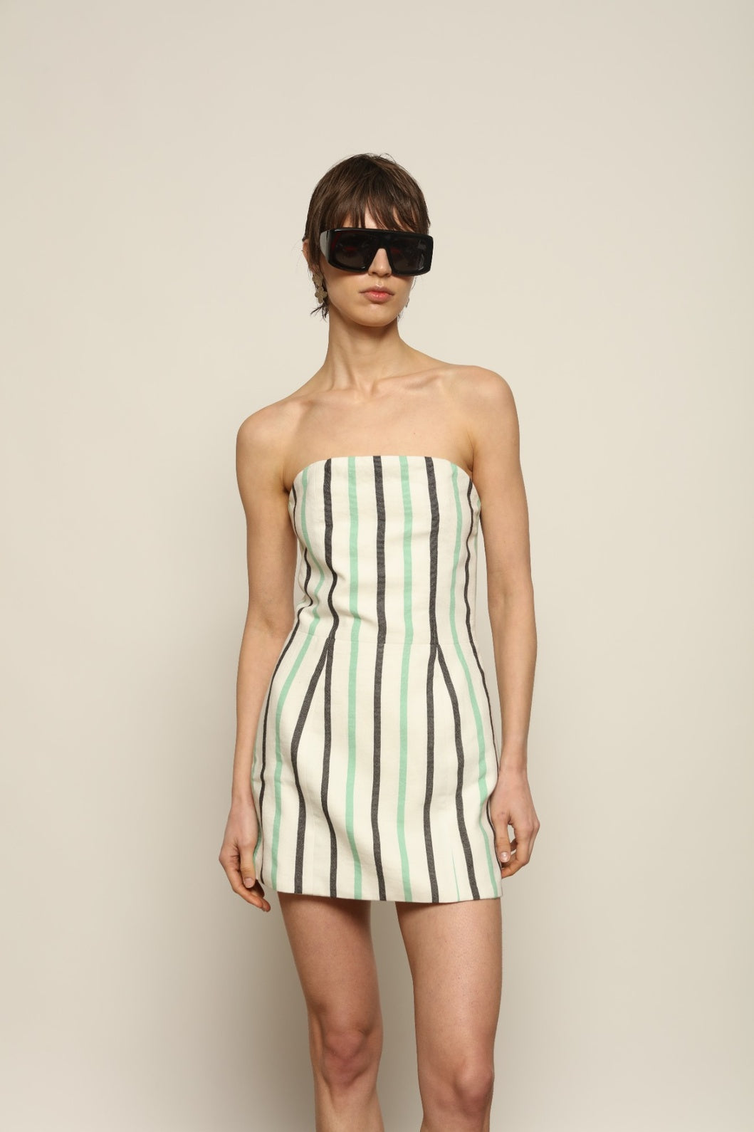 Sculpted Corset Dress by Marrakshi Life in handwoven cotton, featuring a strapless mini silhouette, sculpted darting and bold loom-woven stripes crafted in Morocco.