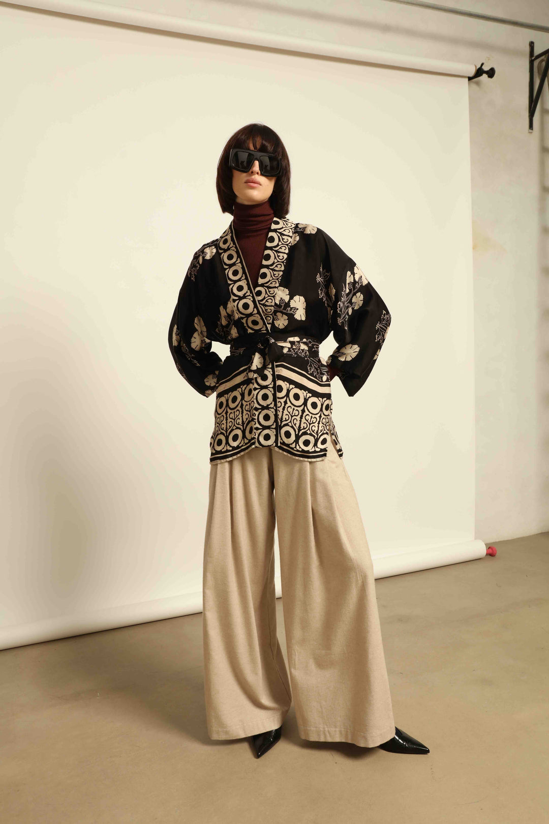 Shanti Kantha Jacket by Obidi in wool-and-silk check with silk collar and printed silk lining. Handcrafted, unique, and inspired by Kantha tradition.