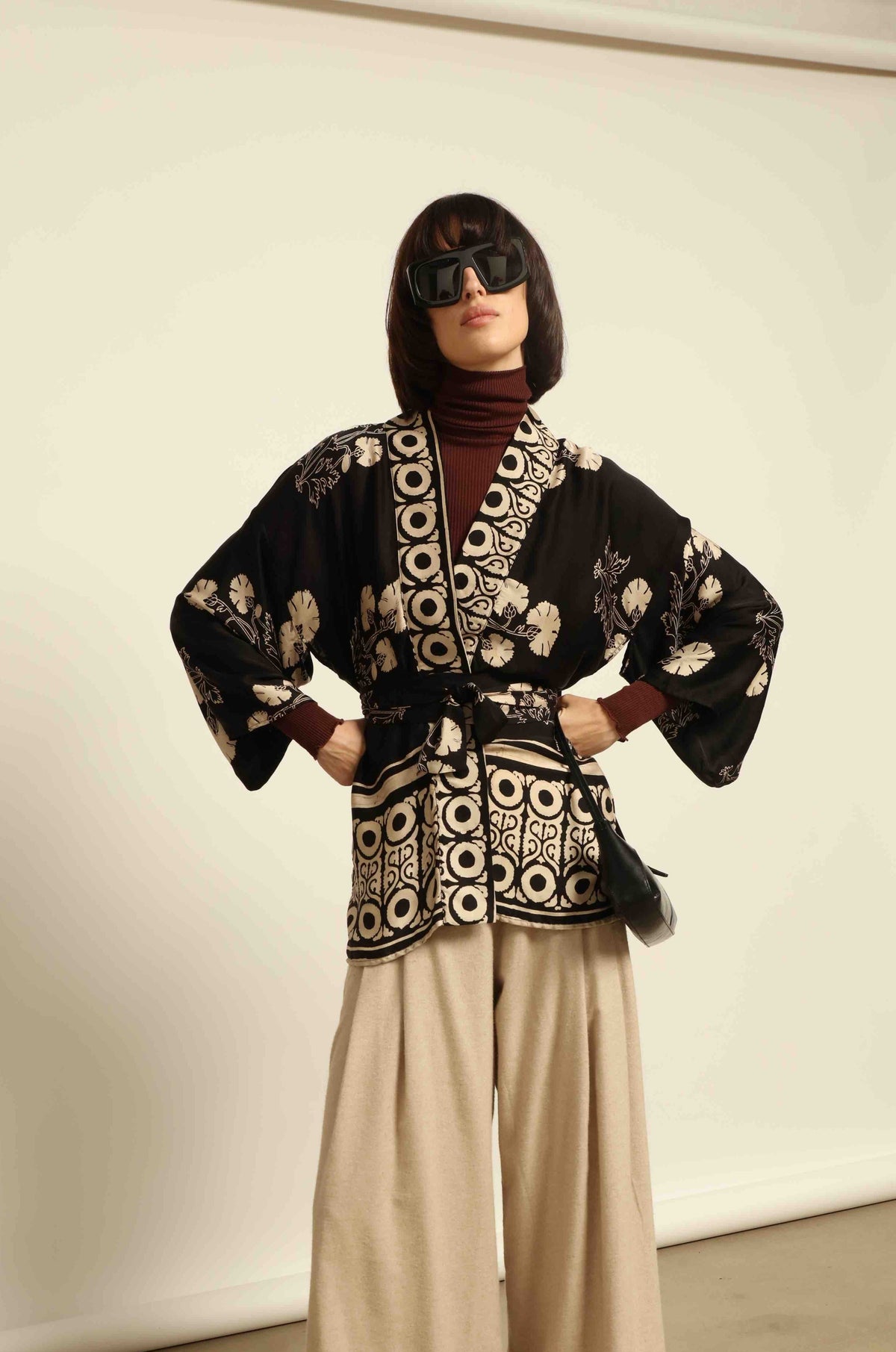 Shanti Kantha Jacket by Obidi in wool-and-silk check with silk collar and printed silk lining. Handcrafted, unique, and inspired by Kantha tradition.