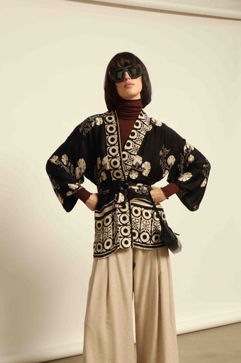 Shanti Kantha Jacket by Obidi in wool-and-silk check with silk collar and printed silk lining. Handcrafted, unique, and inspired by Kantha tradition.