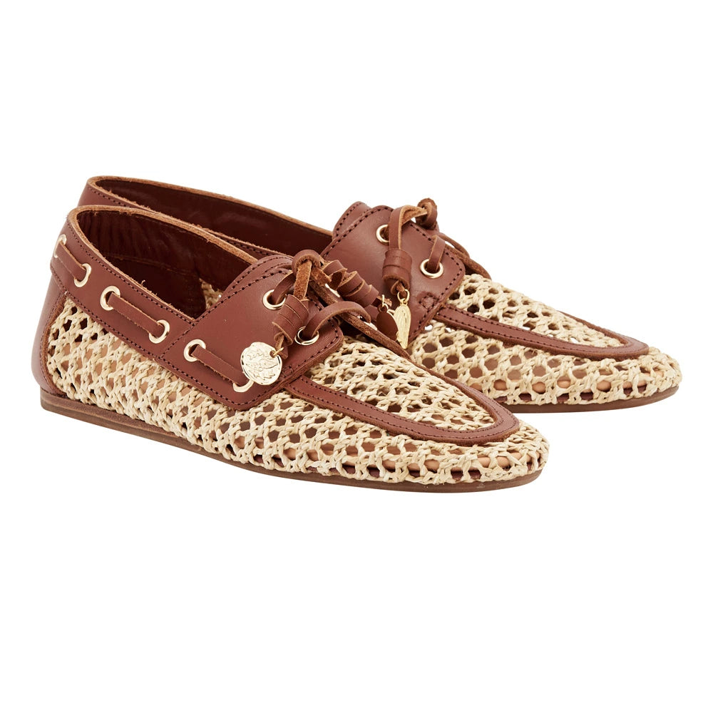Pliaria Boat Shoe in Natural raffia and Vachetta leather by Ancient Greek Sandals, handmade in Greece with gold charm detail