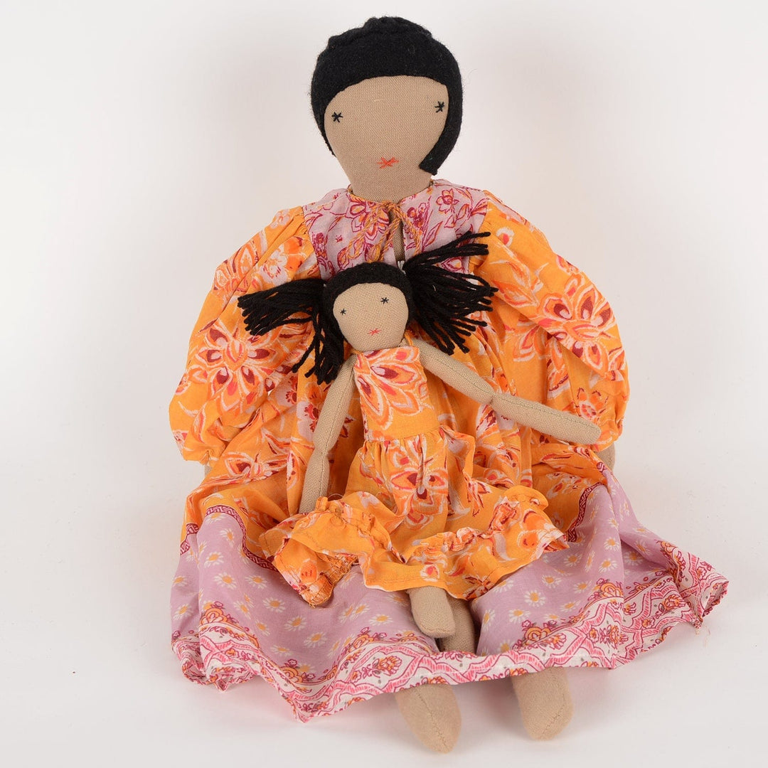 Handcrafted cloth dolls Diya and Mini by SilaiWali, mother and daughter set in traditional dresses, made from upcycled fabric. Available at House of Nomad Stories.