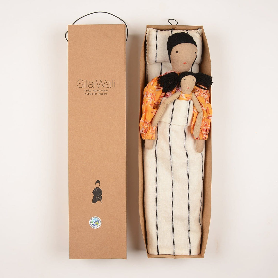 Handcrafted cloth dolls Diya and Mini by SilaiWali, mother and daughter set in traditional dresses, made from upcycled fabric. Available at House of Nomad Stories.