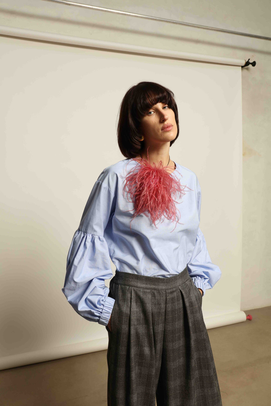 Model wearing the Sky Blue Lulu Pure Poplin Cotton Blouse with balloon sleeves by House of Nomad Stories, crafted in Italy.