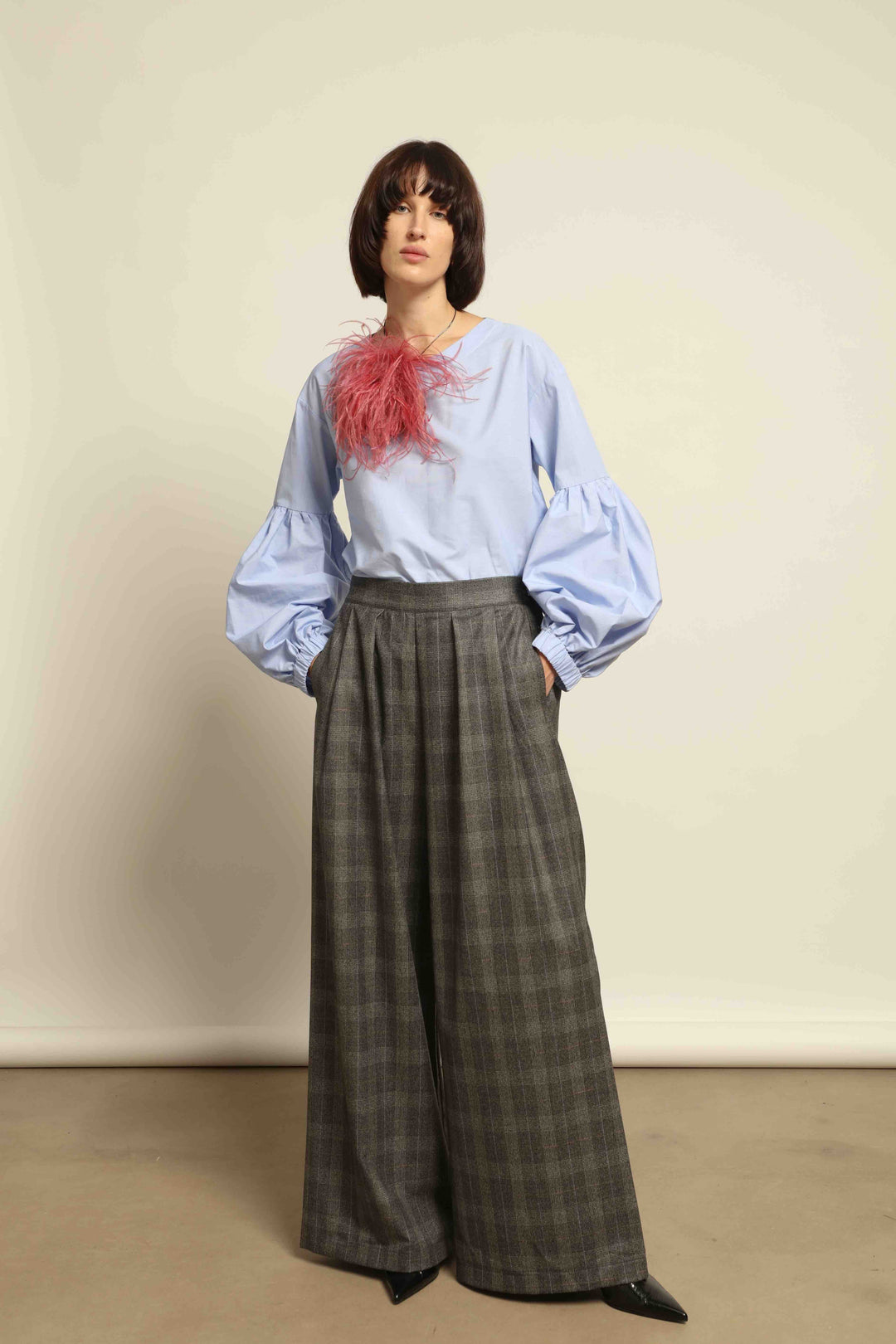 Model wearing the Sky Blue Lulu Pure Poplin Cotton Blouse with balloon sleeves by House of Nomad Stories, crafted in Italy.