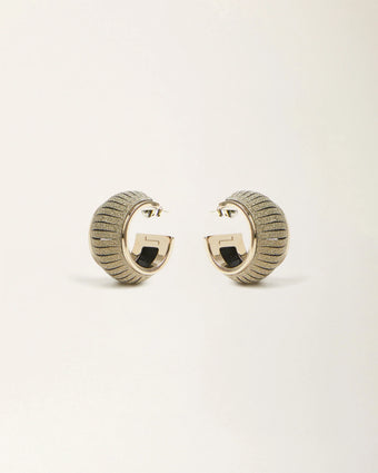Cosmo Crystal Gold leather earrings by SO-LE STUDIO, handcrafted in Tuscany, softly rounded gold-toned design with crystal accents on the ears