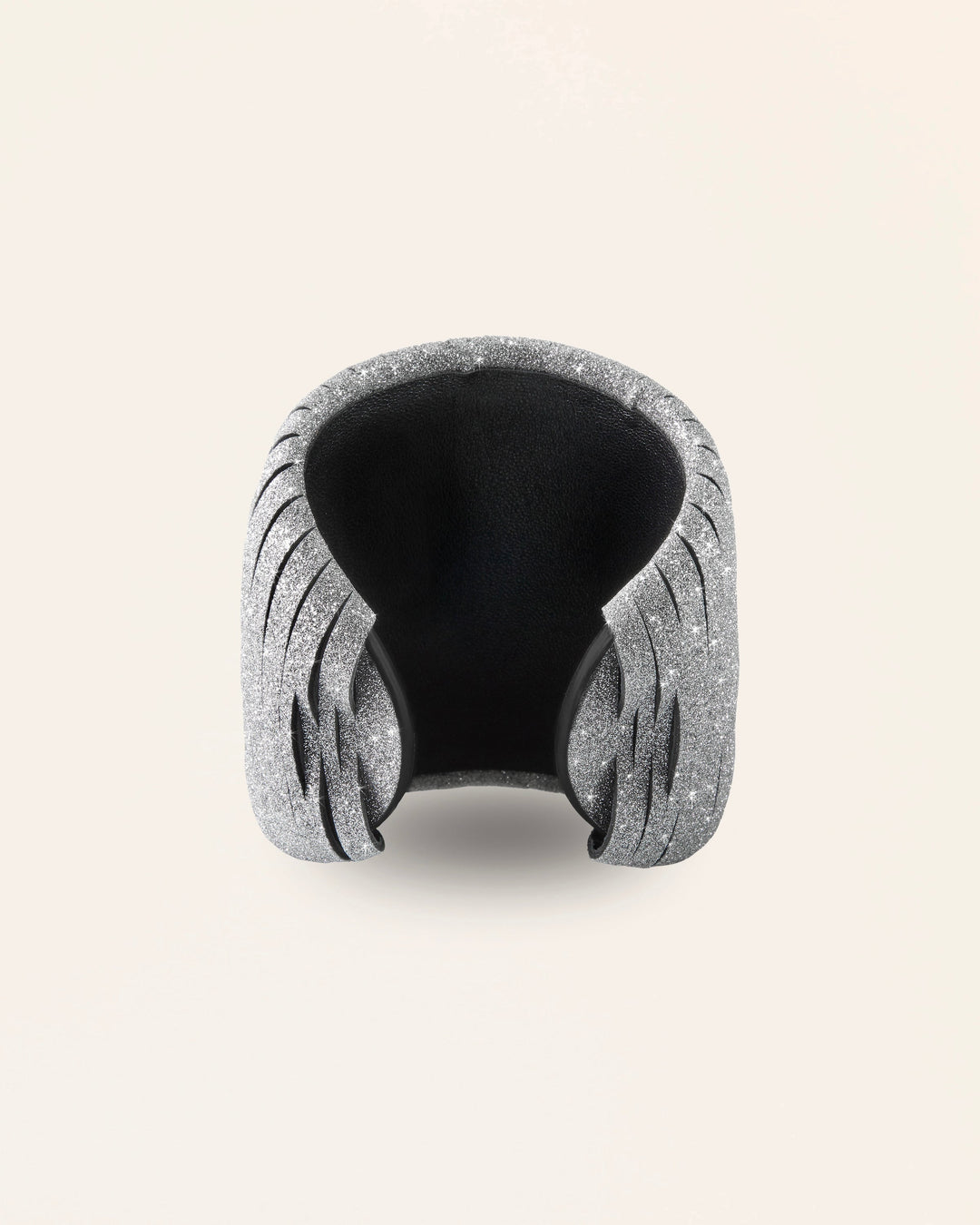 Back of the Great Crystal Silver leather bracelet by SO-LE STUDIO, handcrafted in Tuscany, wide silver-toned design with crystal accents, adjustable and sculptural on the wrist